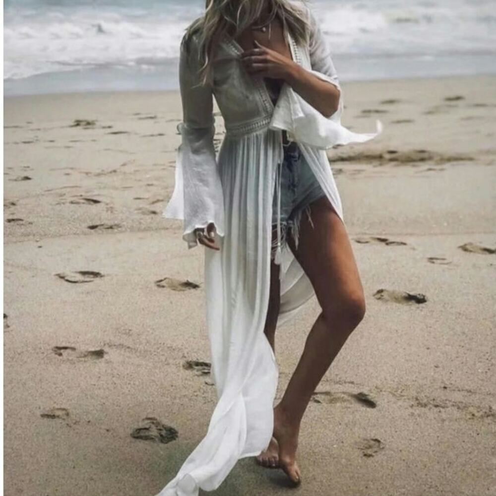 Bell sleeve lace trim tie waist duster cardigan cover up white one size